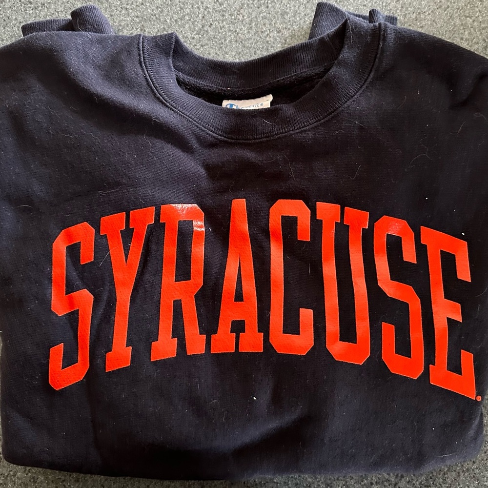 Two Syracuse University Champion Reverse Weave sweatshirts.